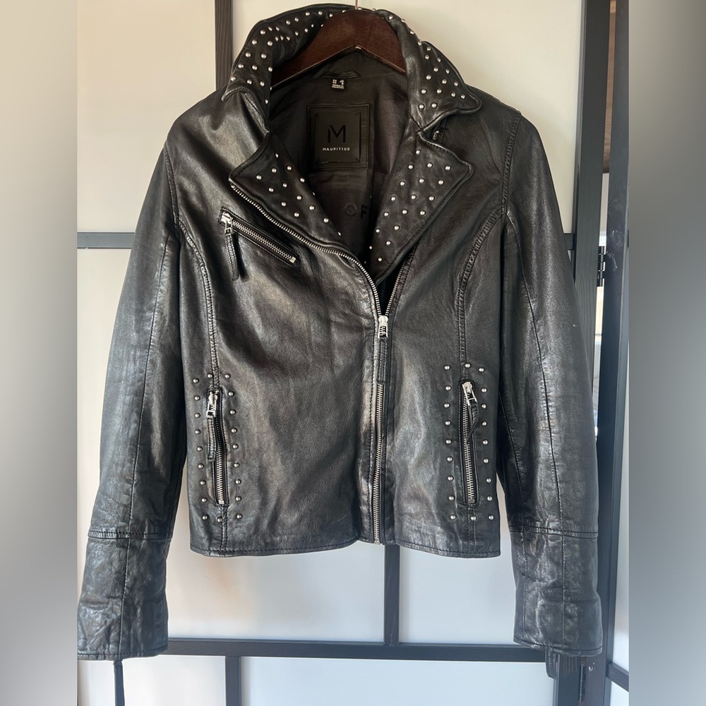 Mauritius silver Studded Black Leather Jacket with Travel Patches
